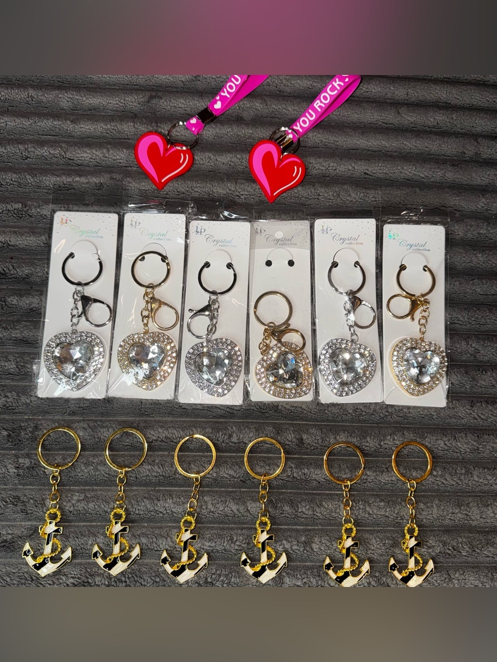 Crystal Heart Keychain - 6/ Gold & Silver- 6/Anchor- 2/heart you rock!- NEW